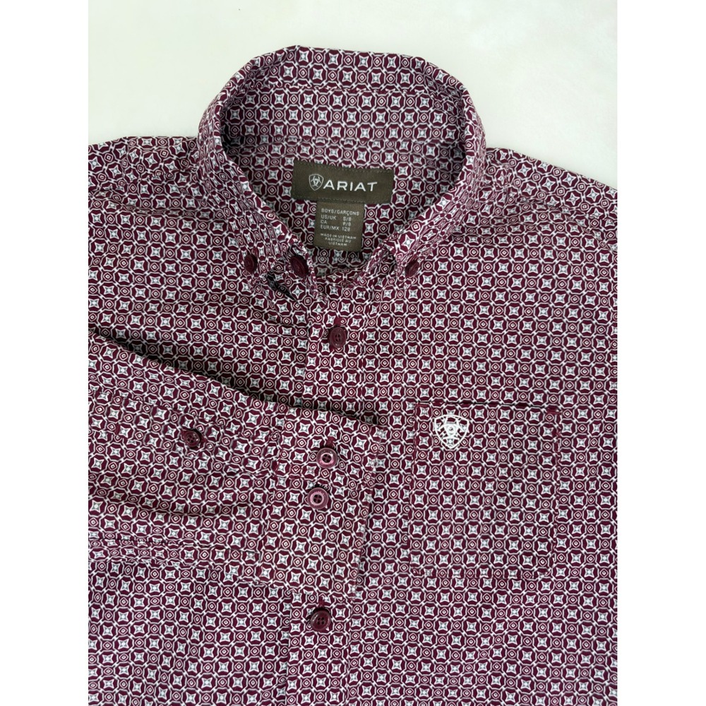 Ariat Boys Burgundy Geometric Print Long Sleeve Western Shirt Size S 8